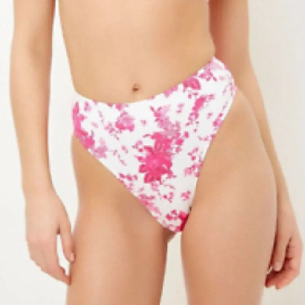 Frankie’s Bikinis Matched Set White With Hot Pink Roses Small